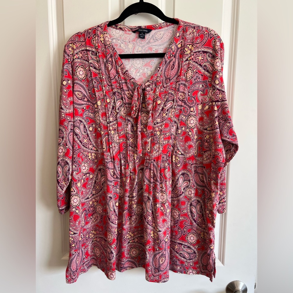 Lands end plus size pleated paisley tunic top, size 1X, red, fall, casual